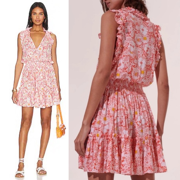 Poupette St. Barth Triny Ruffled Plunge Mini Dress Orange Mid 70s Garden Small - Picture 1 of 8
